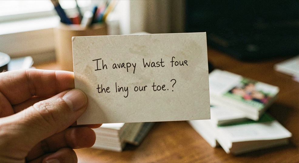 A single index card held up close showing one handwritten question of two lines, the rest of the pack blurred on the desk behind, warm side light.