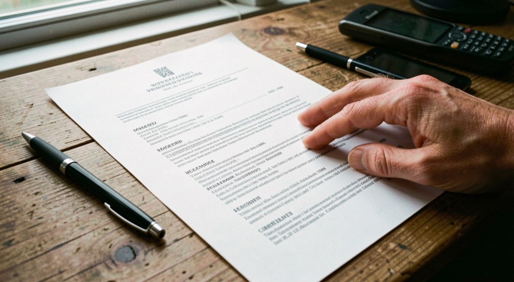 A printed one page CV lying on a wooden desk next to a pen and a phone, a hand smoothing the paper flat, daylight from a window above.