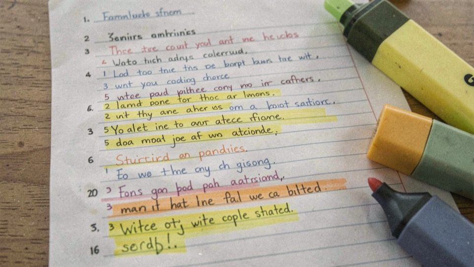 A yellow highlighter drawn across a neatly recopied page of notes, most lines already coloured, a second highlighter uncapped beside it, flat overhead daylight.