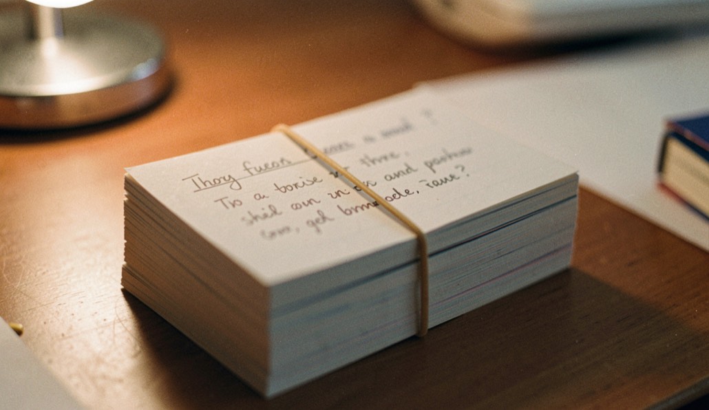 A thick stack of index cards held by a rubber band on a desk, the top card showing a handwritten question, shallow depth of field, warm lamp light.