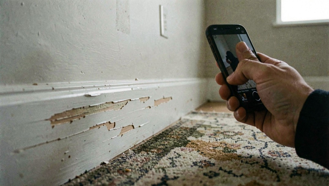 A hand holding a phone photographing a scuffed skirting board and a stained carpet edge in an empty room, the screen angled away from the camera, daylight from a bare window.