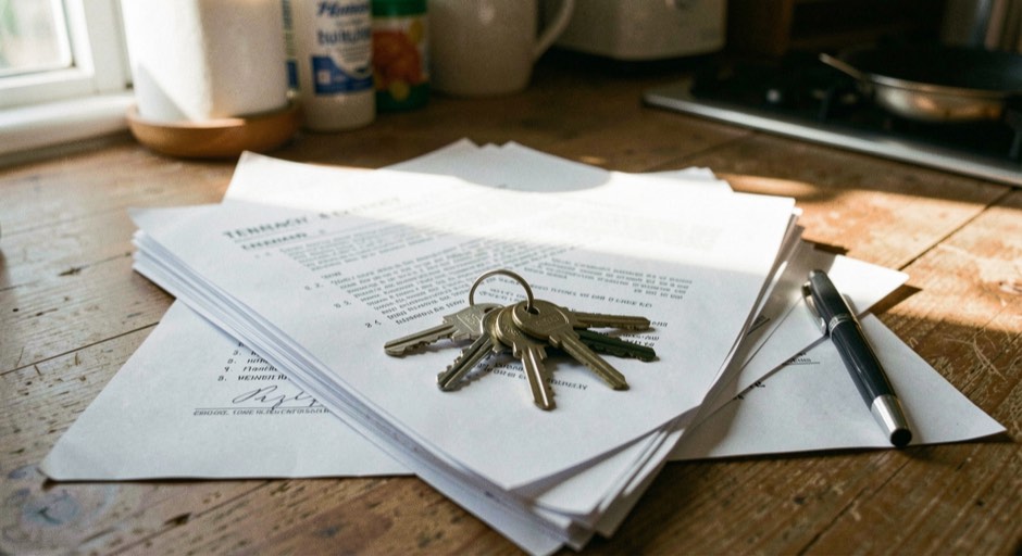 A set of house keys on a ring lying on a stack of printed tenancy papers on a kitchen table, a pen beside them, morning light falling across the pages from a window.
