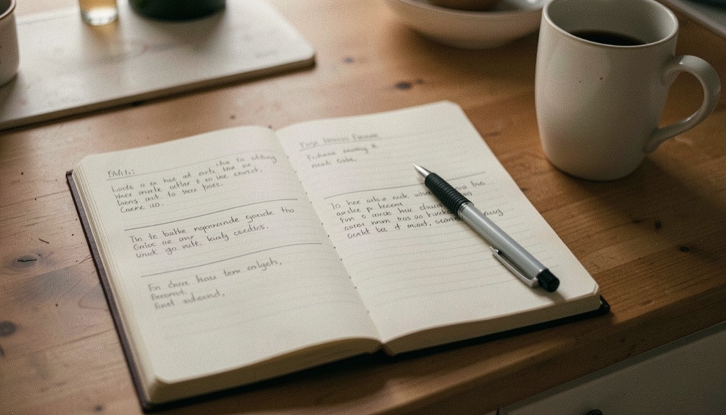 An open notepad on a kitchen table with four short handwritten blocks of notes separated by ruled lines, a pen resting across it and a mug at the edge, warm morning light.