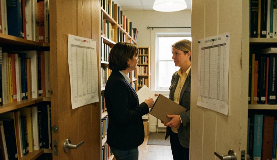 Two people talking in the doorway of a small academic office lined with bookshelves, one holding a folder, a paper timetable pinned to the door, warm corridor light.