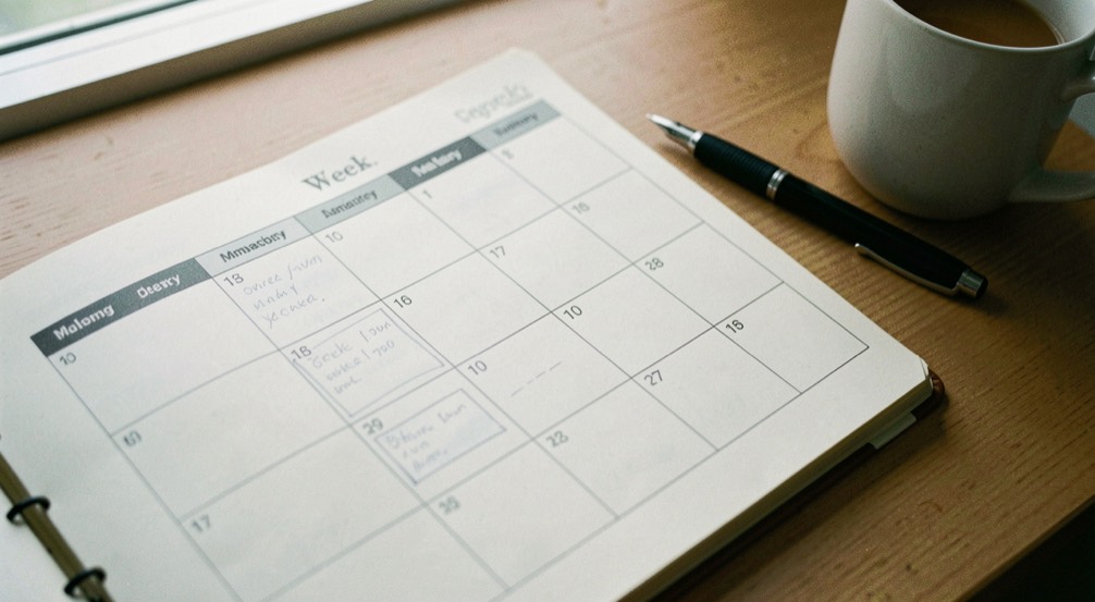 An open paper planner showing a week laid out as a grid of days and hours, a few blocks filled in pencil and two squares left deliberately empty, pen and mug on the desk beside it, morning light.