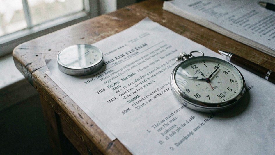 A past exam paper on a table with a stopwatch resting on the corner and a pen mid sentence, close framing, cool daylight from the left.