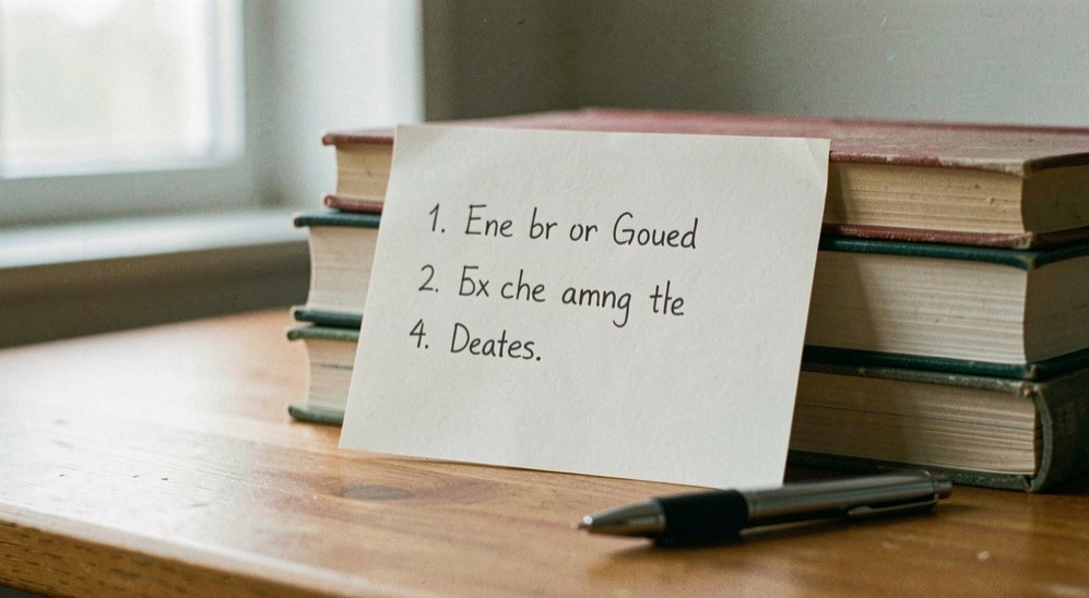 A single index card propped against a stack of books carrying a short handwritten checklist of four lines, a pen beside it, soft daylight from the left.