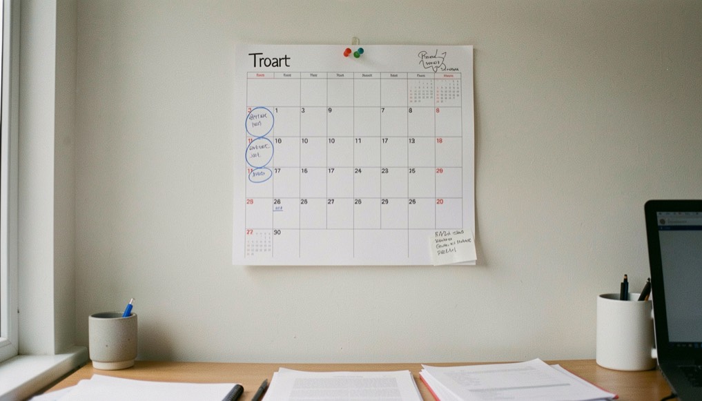 A paper wall calendar with several days circled in blue pen and small notes in the margins, pinned above a desk, flat even daylight.